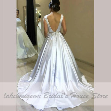 White Satin Bridal Gown for Marriage with Pockets Sexy Backless - ROYCEBRIDAL OFFICIAL STORE