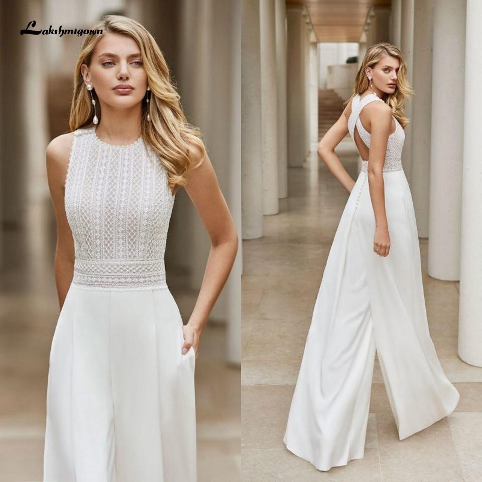 Roycebridal White Wedding Jumpsuit Beach Wedding Dresses O Neck