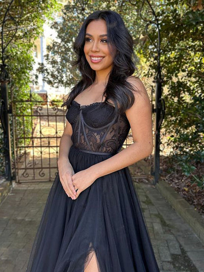 Roycebridal Talia | Black A Line Sweetheart Corset Tulle Prom Dress with Slit