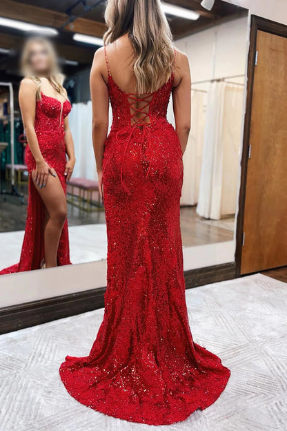 Roycebridal Kairi |Mermaid Spaghetti Straps Appliques Prom Dress with Slit