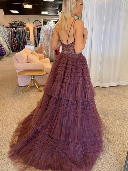 Roycebridal Black V Neck Asymmetrical Tulle Long Prom Dress