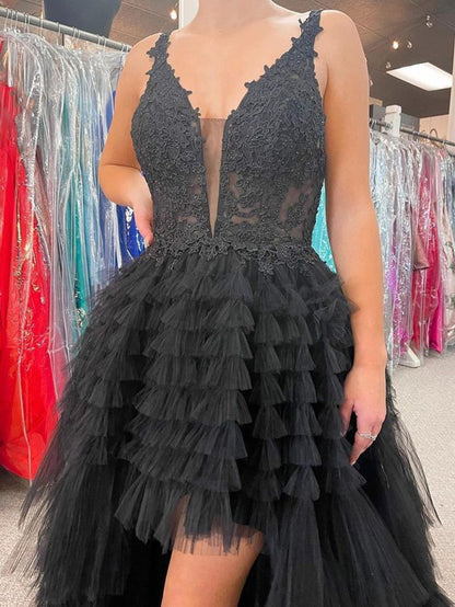 Roycebridal Black V Neck Asymmetrical Tulle Long Prom Dress