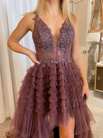 Roycebridal Black V Neck Asymmetrical Tulle Long Prom Dress