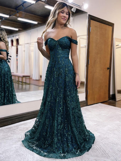 Roycebridal Glitter Mermaid Off The Shoulder Dark Green Long Prom Dress