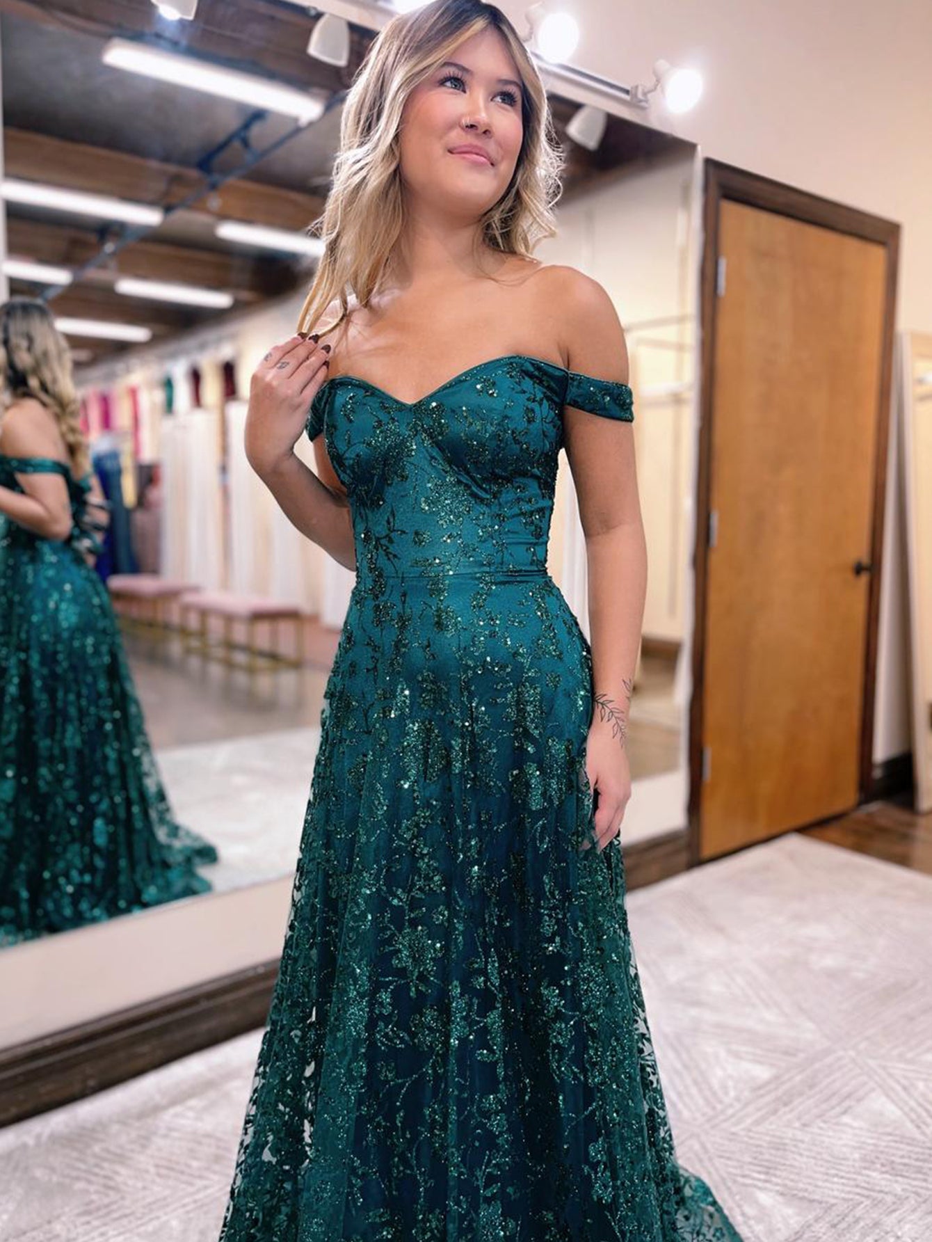 Roycebridal Glitter Mermaid Off The Shoulder Dark Green Long Prom Dress