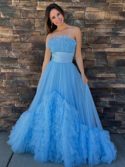 Roycebridal Alani |A-Line Strapless Pink Tiered Long Tulle Prom Dress