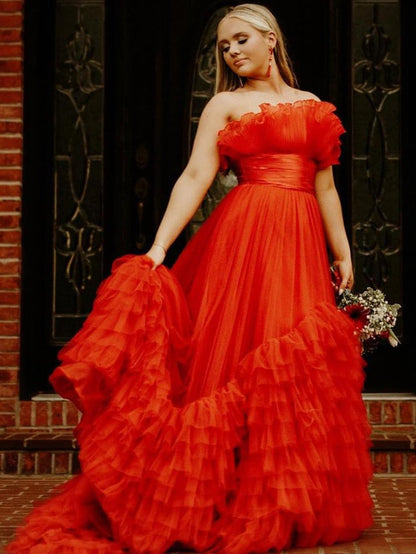 Roycebridal Alani |A-Line Strapless Pink Tiered Long Tulle Prom Dress
