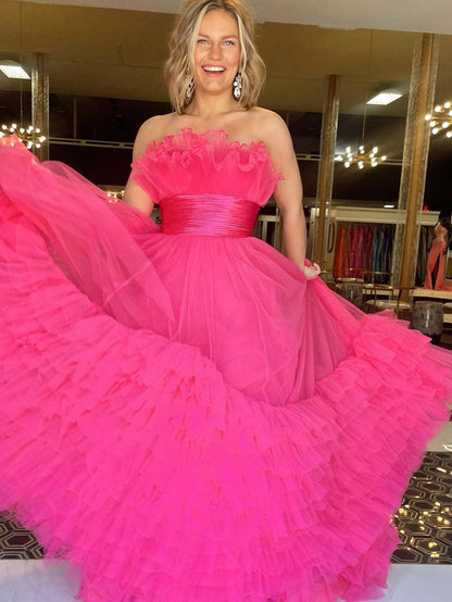 Roycebridal Alani |A-Line Strapless Pink Tiered Long Tulle Prom Dress