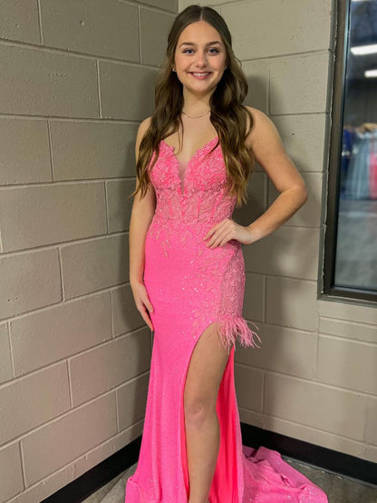 Roycebridal Arlette | Pink Mermaid V Neck Backless Tight Long Prom Dress With Slit