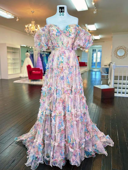 Roycebridal Sydney |A Line Sweetheart Printed Tulle Long Prom Dress