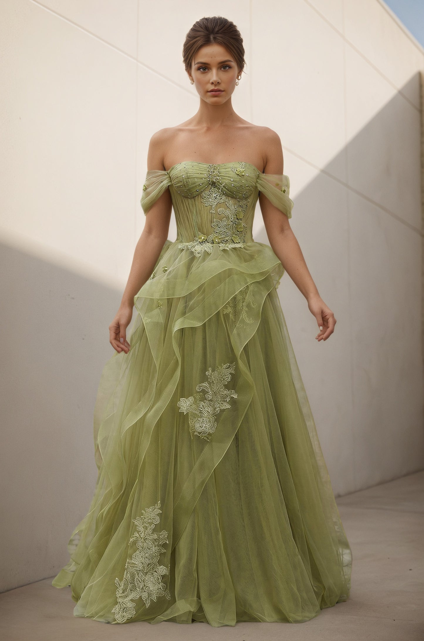 Green Tulle Lace Long Prom Dresses Customized