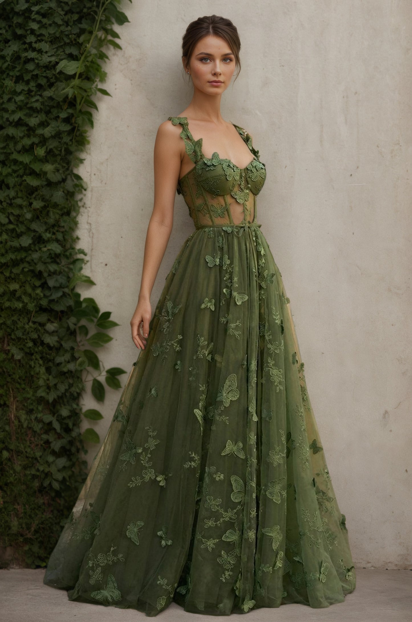 Moss A-line Butterfly Lace Applique Prom Dress Customized