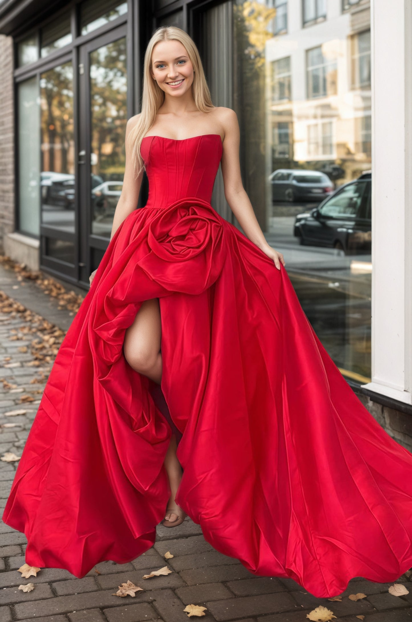 Red Strapless Neck A Line Satin Long Prom Dress With Floral Customized