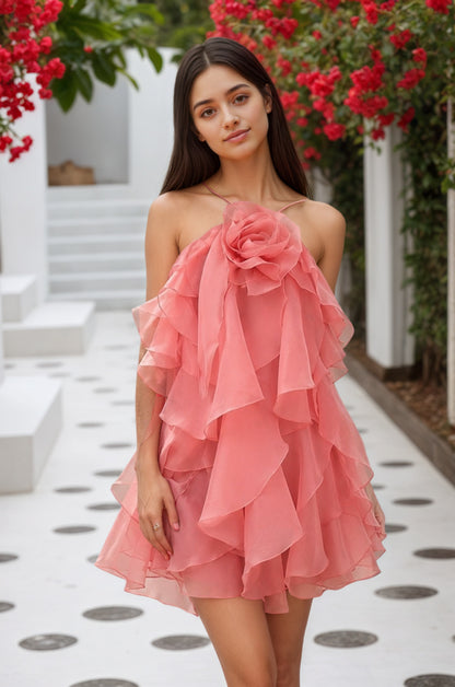 Coral Pink Ruffled Chiffon Halter Asymmetrical A-Line Homecoming Dress Customized