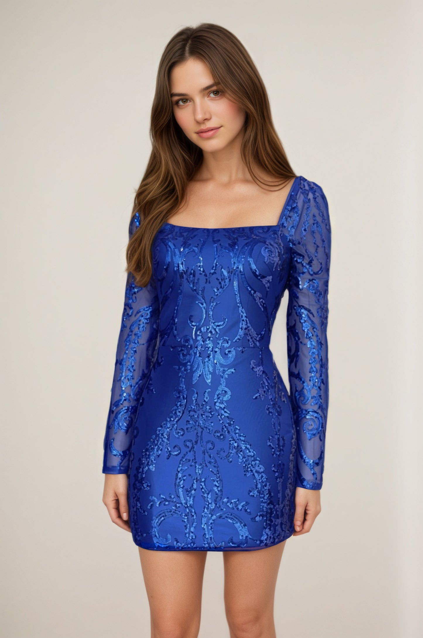 Royal Blue Square Neck Long Sleeves Sequins Sheath Mini/Short Homecoming Dresses Customized