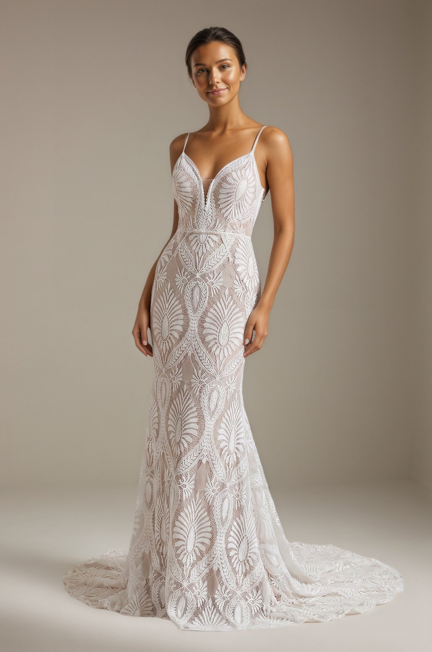 Beach Floral Mermaid V-Back Boho Lace Wedding Dress with Sweep Train Customized