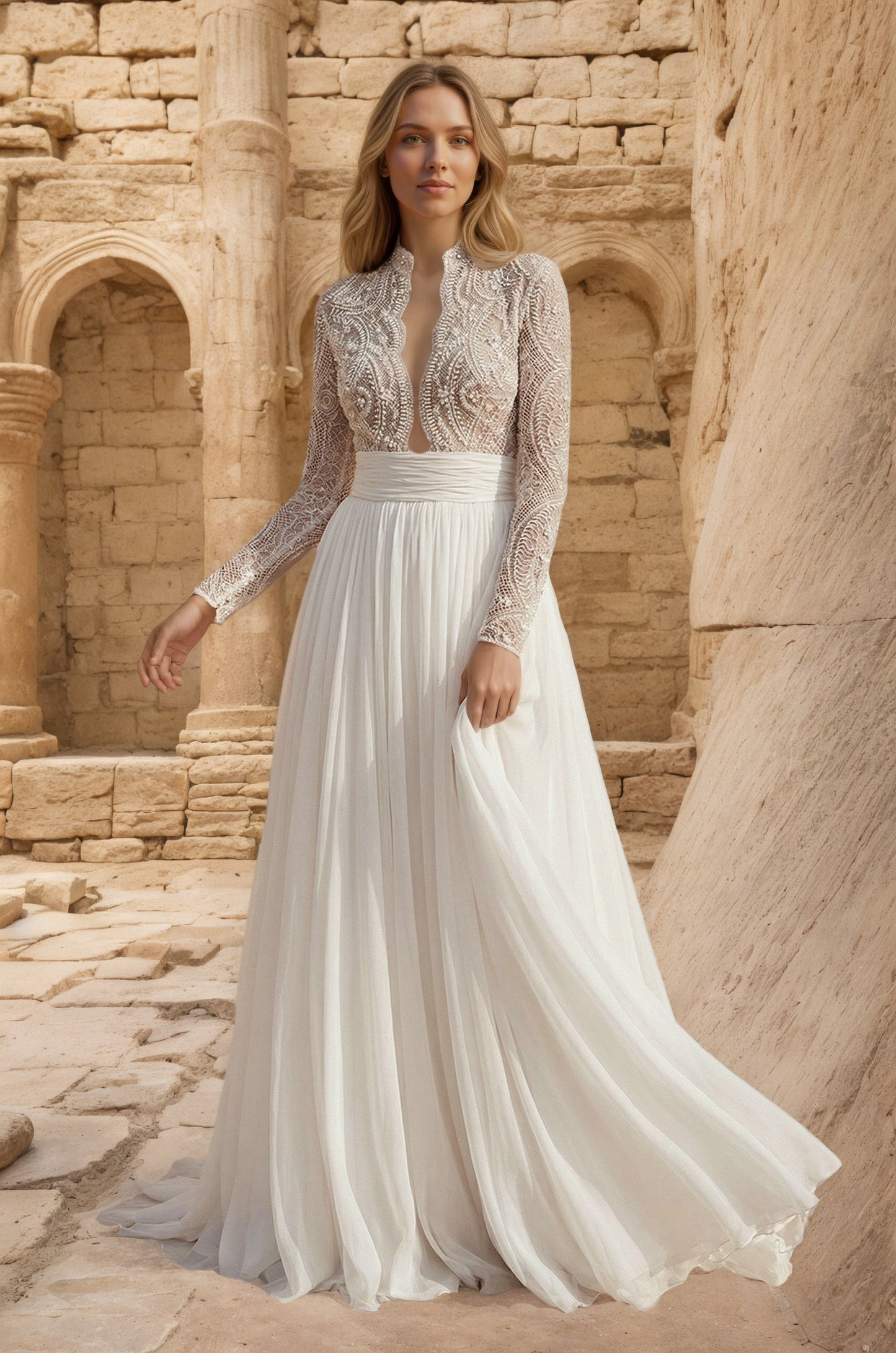 Lace Beading Long Sleeves A-Line Pleated Tulle Wedding Dresses Customized