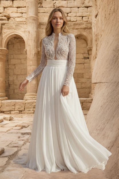 Lace Beading Long Sleeves A-Line Pleated Tulle Wedding Dresses Customized