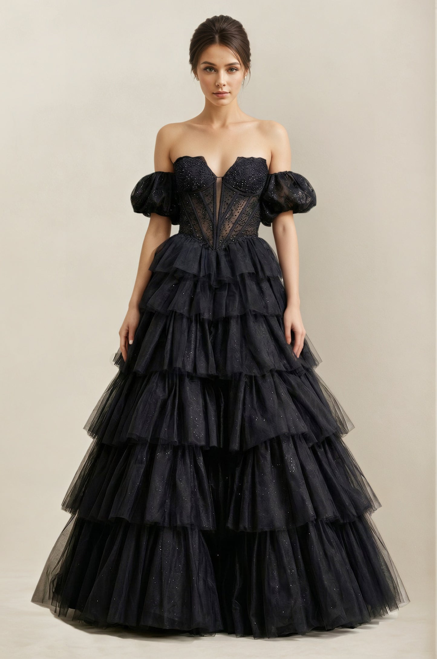 Black Tiered Tulle Off-the-Shoulder Ball-Gown Wedding Dress Customized