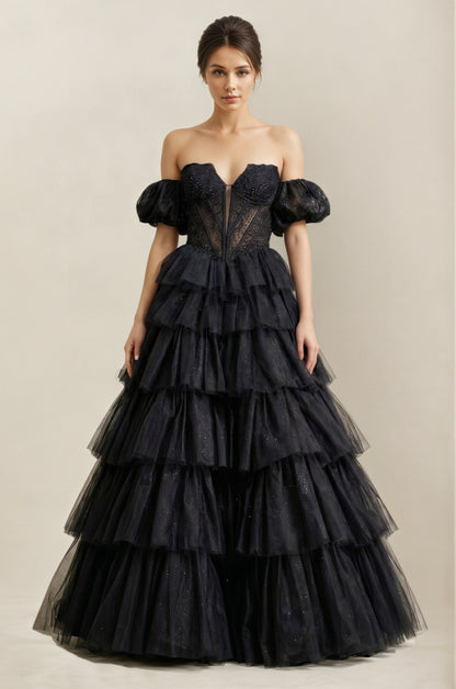 Black Tiered Tulle Off-the-Shoulder Ball-Gown Wedding Dress Customized