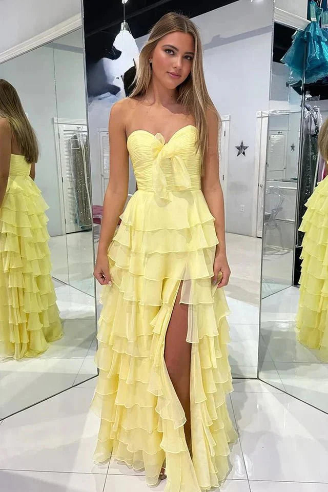 Slit Fuchsia Sweetheart Tiered Ruffles Chiffon A Line Prom Dress