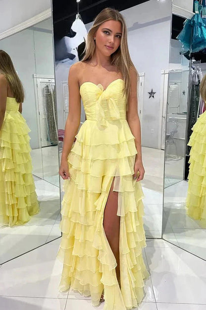 Slit Fuchsia Sweetheart Tiered Ruffles Chiffon A Line Prom Dress