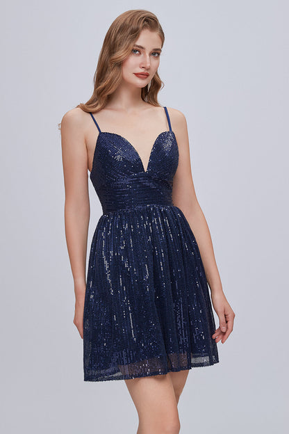 Spaghetti Strap V Neck Sequins Short Homecoming Dresses
