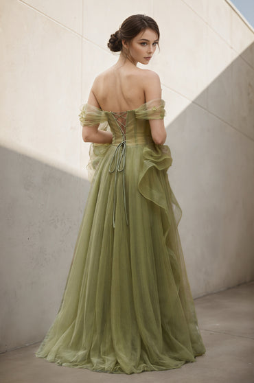 Green Tulle Lace Long Prom Dresses Customized