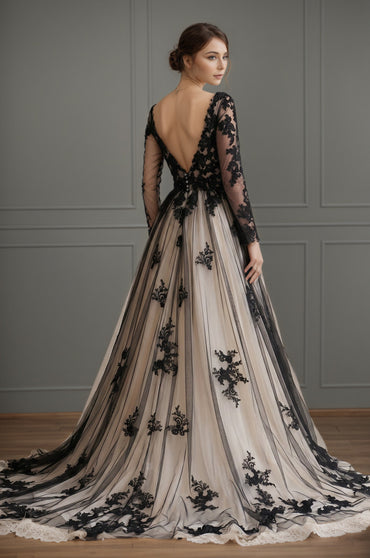 Black and Nude Plunging Tulle Ball-Gown Wedding Dresses with Appliqued Customized