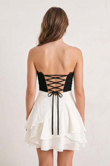 White Black Sweetheart A-Line Ruffled Chiffon Homecoming Dress with Bow Customized