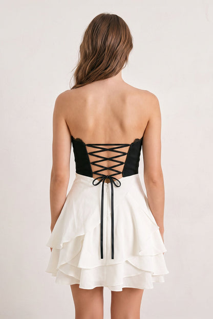 White Black Sweetheart A-Line Ruffled Chiffon Homecoming Dress with Bow Customized