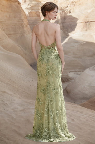 Sheath Halter Sequined Long Prom Dresses with Floral Appliques Customized