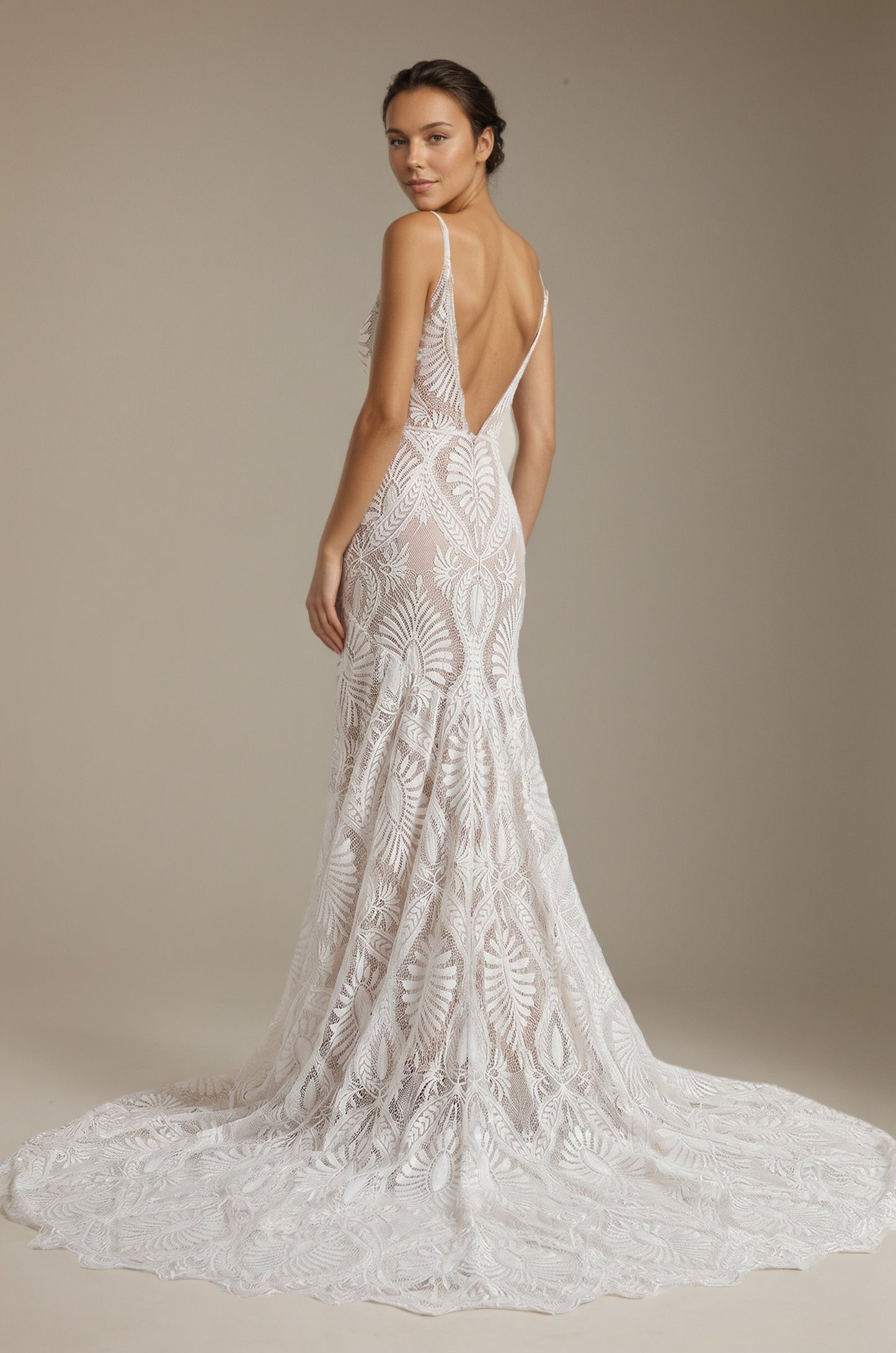 Beach Floral Mermaid V-Back Boho Lace Wedding Dress with Sweep Train Customized