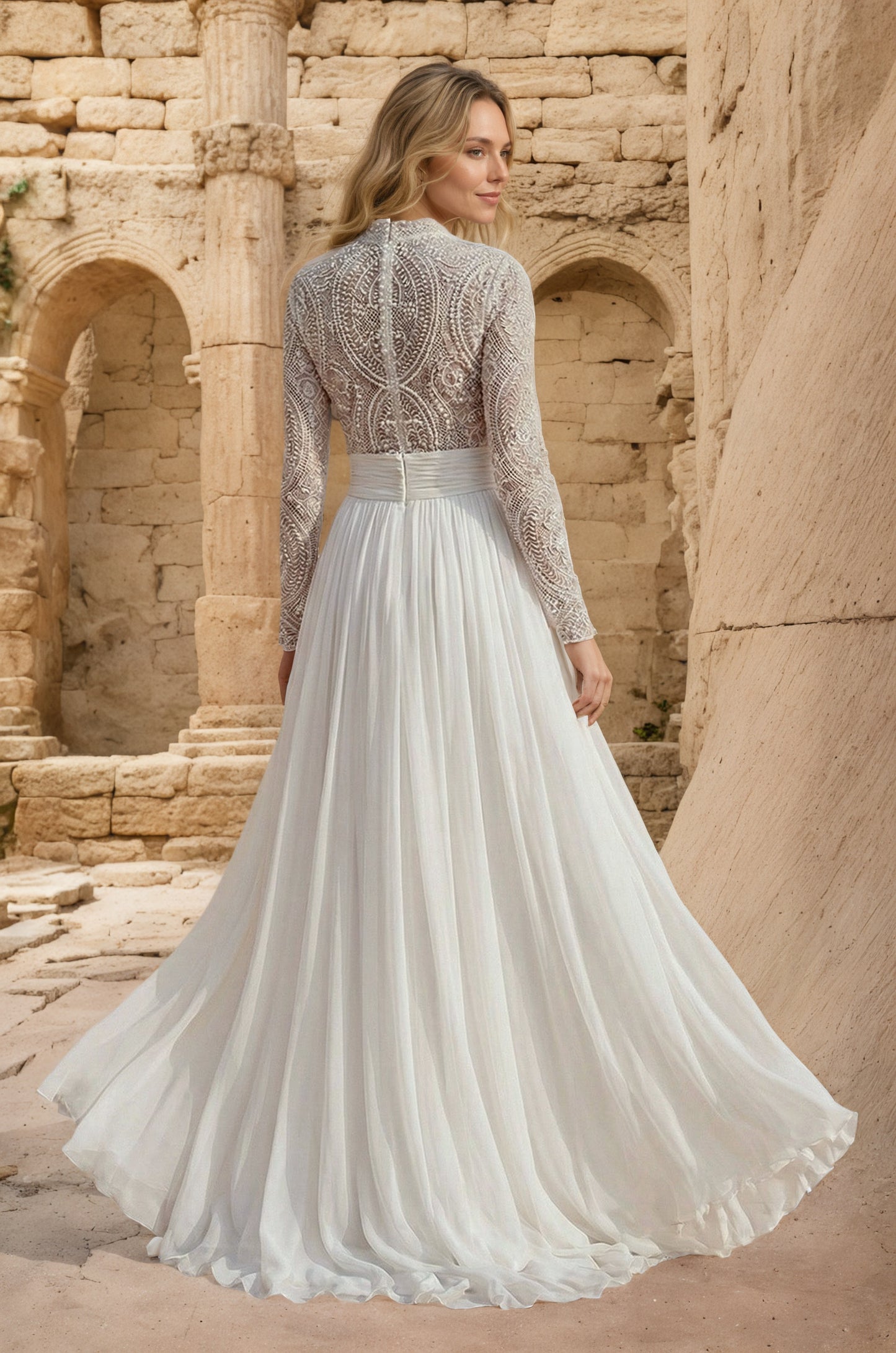 Lace Beading Long Sleeves A-Line Pleated Tulle Wedding Dresses Customized