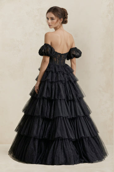 Black Tiered Tulle Off-the-Shoulder Ball-Gown Wedding Dress Customized
