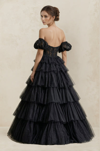 Black Tiered Tulle Off-the-Shoulder Ball-Gown Wedding Dress Customized