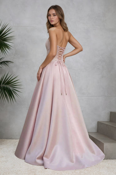 Pink Satin A-Line Floor-Length Gown with Slit Strapless Prom Dress Customized