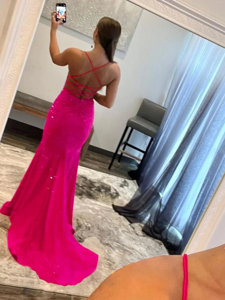 Glitter V Neck Satin Mermaid Prom Dress