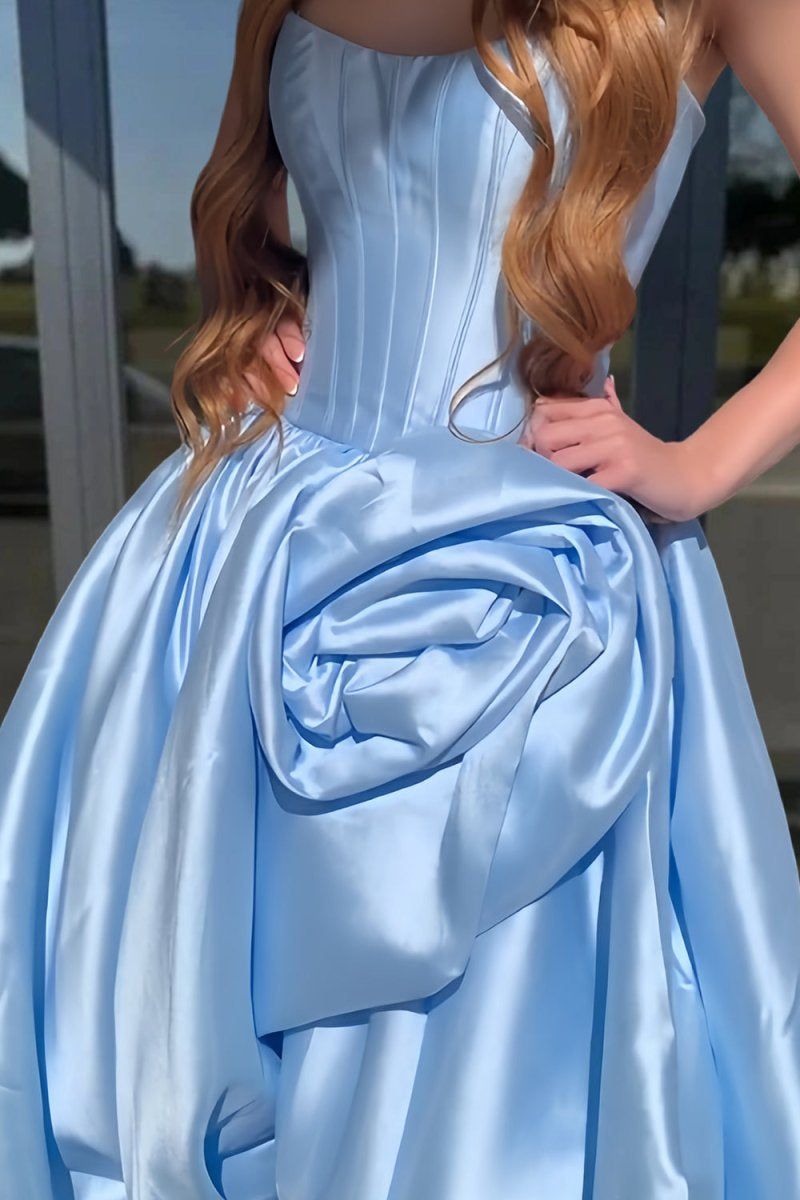 Red Strapless Neck A Line Satin Long Prom Dress With Floral Customized
