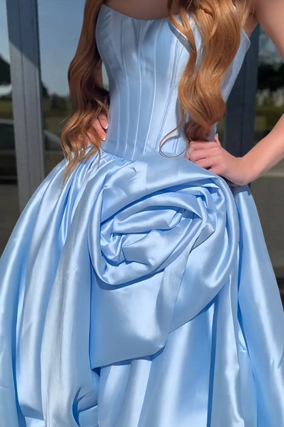 Red Strapless Neck A Line Satin Long Prom Dress With Floral Customized