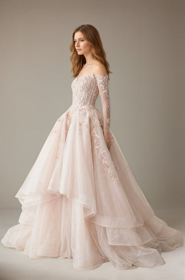 Pink Tulle Off-the-Shoulder Ball Gown Wedding Dresses with Appliqued  Customized