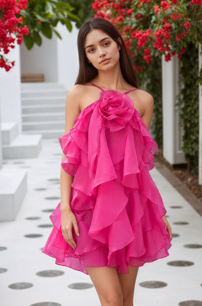 Coral Pink Ruffled Chiffon Halter Asymmetrical A-Line Homecoming Dress Customized