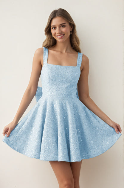 Pink Sequin Square Neck A-Line Homecoming Dress with Bow Customized