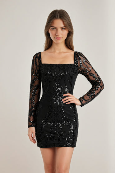 Royal Blue Square Neck Long Sleeves Sequins Sheath Mini/Short Homecoming Dresses Customized