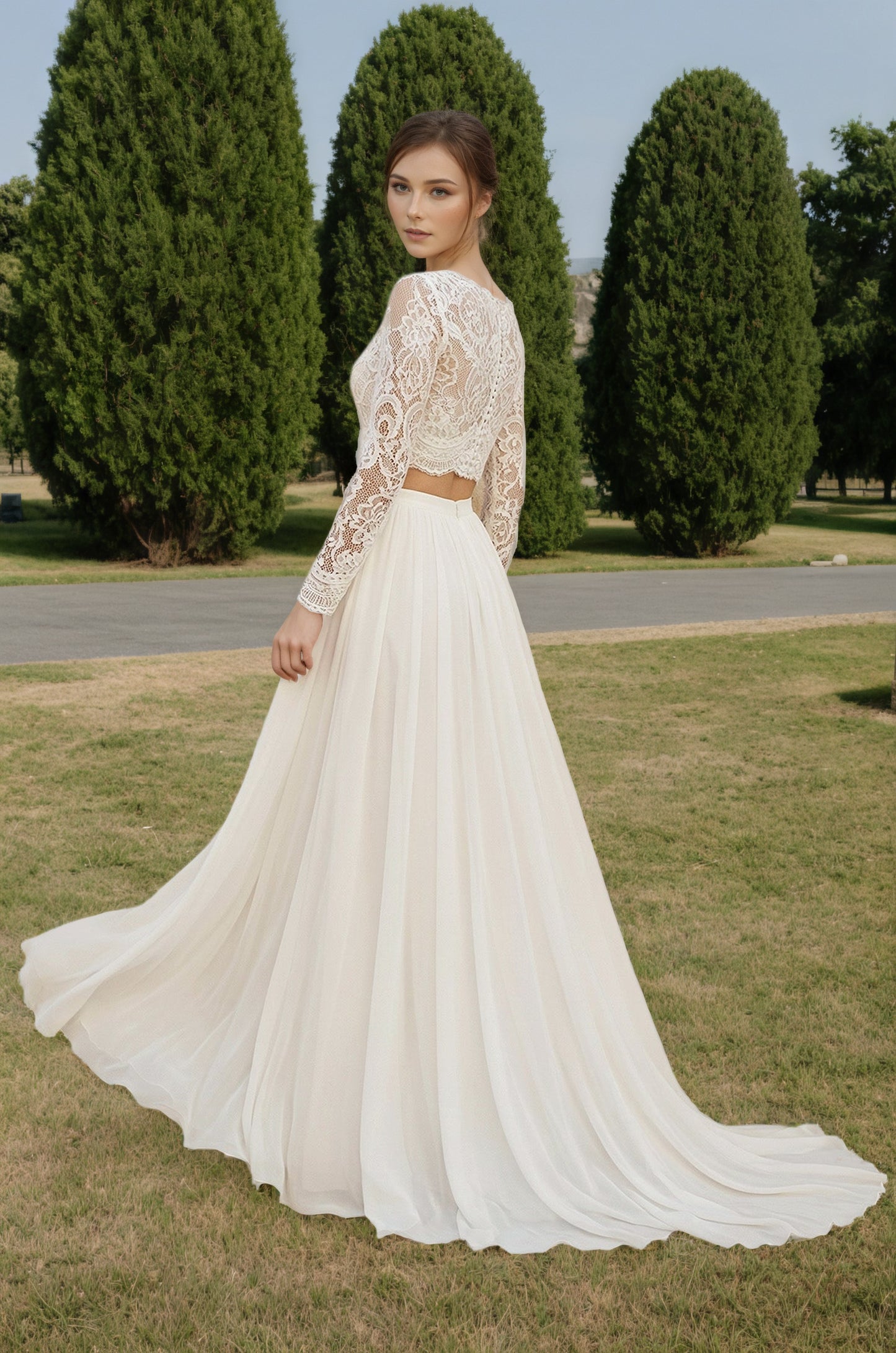 Two Piece V-neck Long Sleeves Lace Wedding Dress with Sweep Train Customized