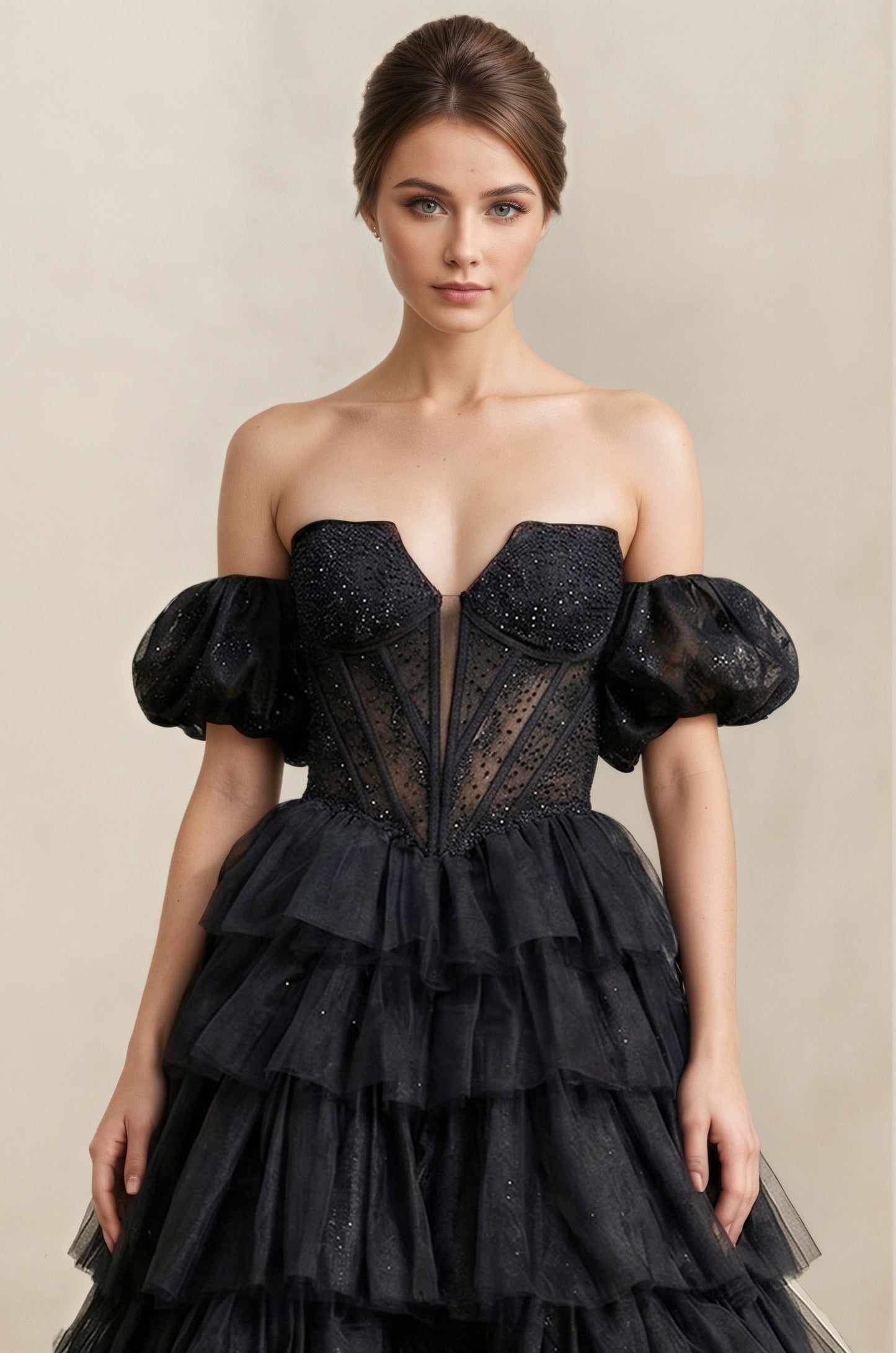 Black Tiered Tulle Off-the-Shoulder Ball-Gown Wedding Dress Customized