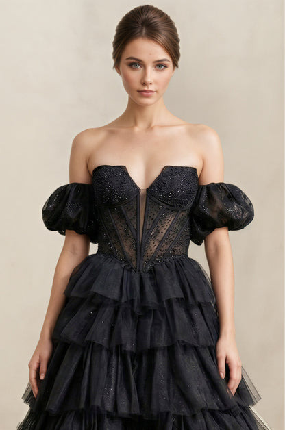 Black Tiered Tulle Off-the-Shoulder Ball-Gown Wedding Dress Customized