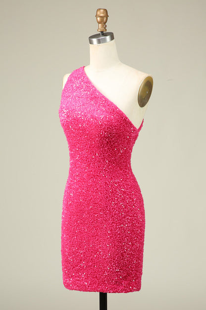 Classy Fuchsia One Shoulder Sequins Tight Homecoming Dress