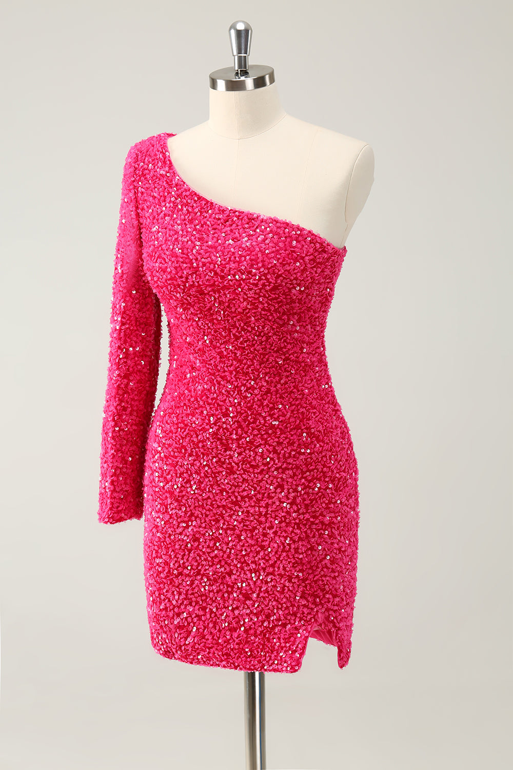 Sparkly Hot Pink Bodycon One Shoulder Long Sleeve Short Homecoming Dress with Slit