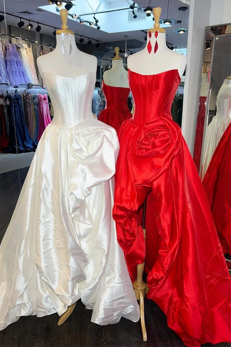 Red Strapless Neck A Line Satin Long Prom Dress With Floral Customized